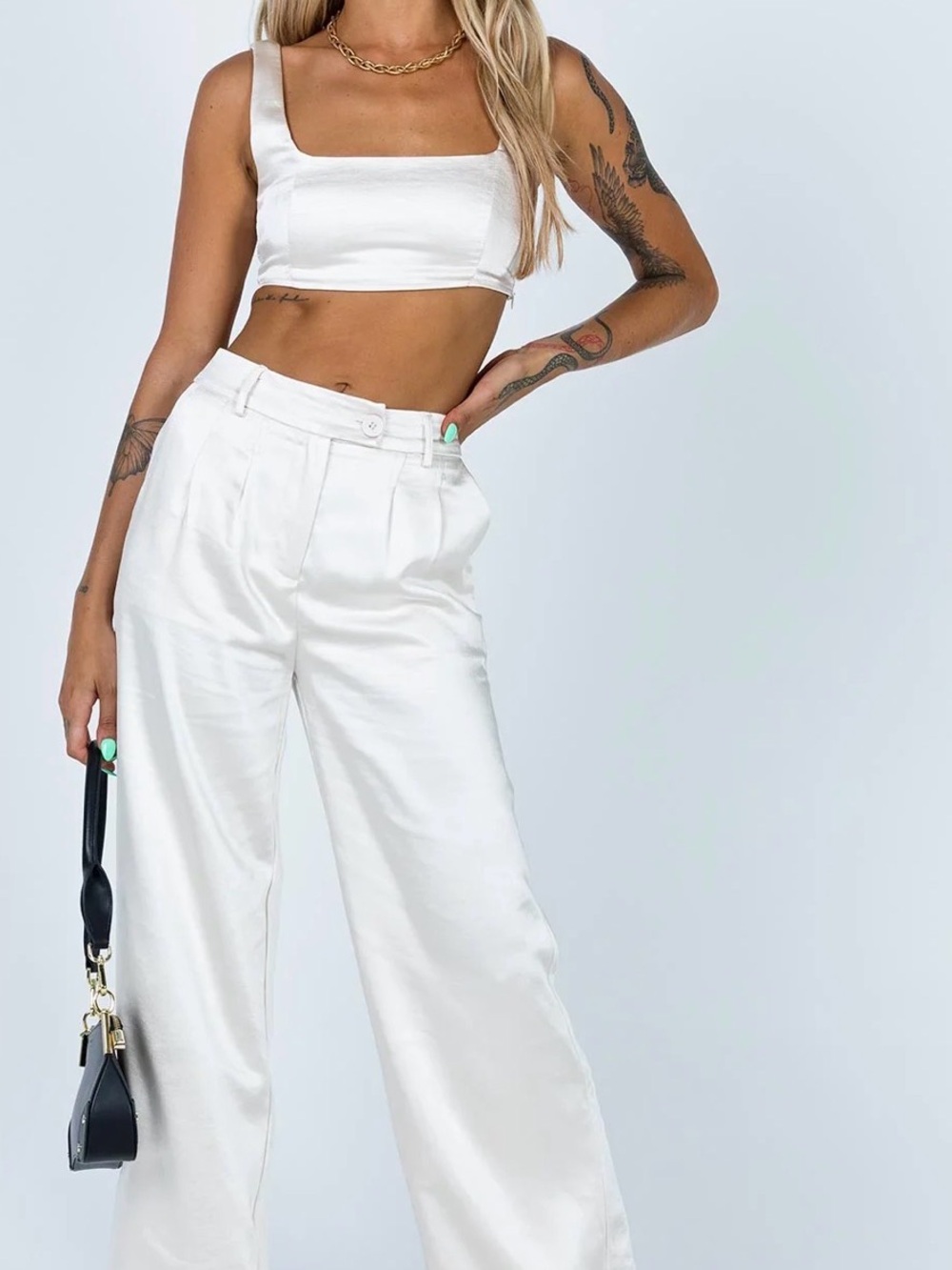 GOLD two piece crop tank and wide leg pant set. Worn once! Made by Blue Blush